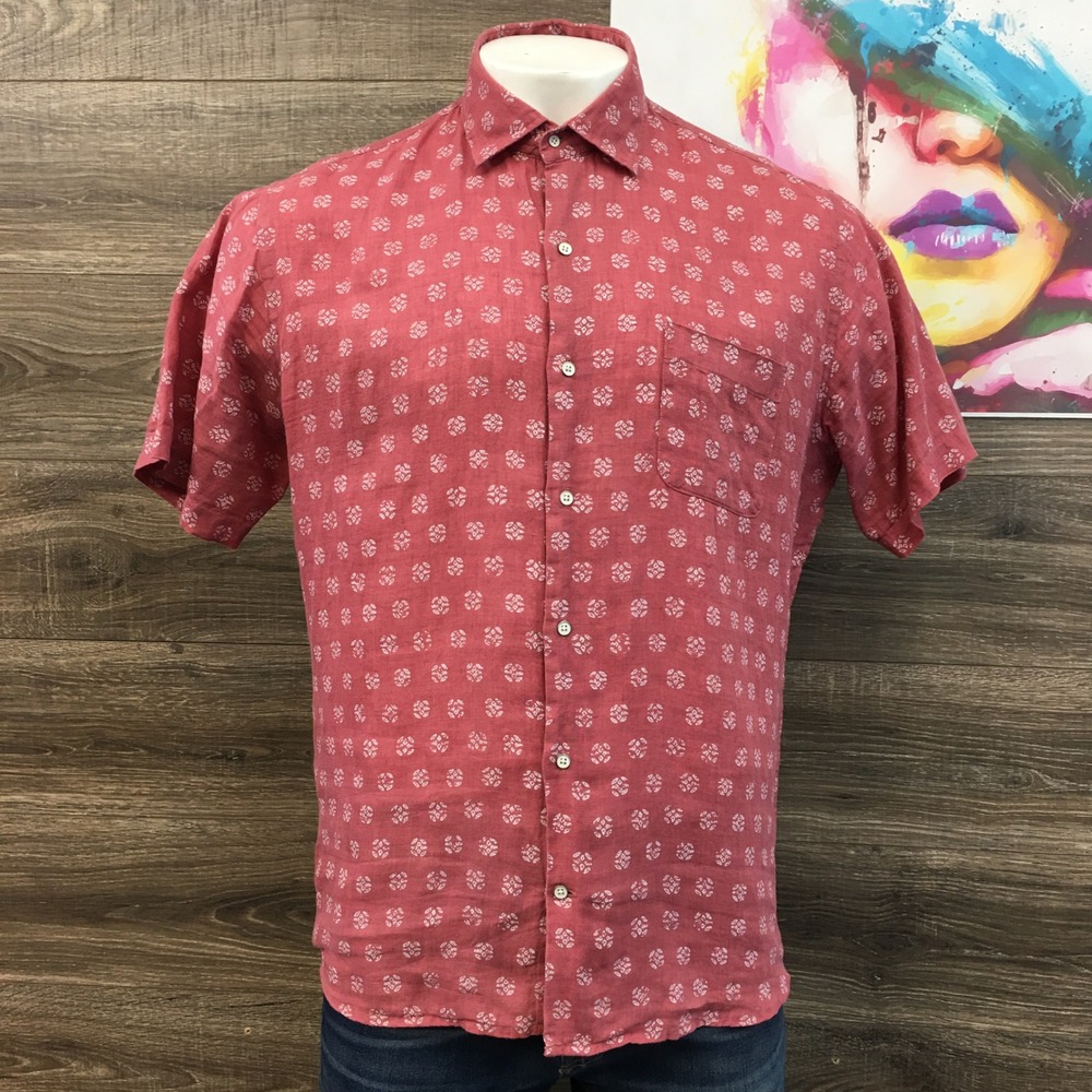 Peter Millar Seaside Kiva Beach 100% Linen Shirt Mens L Fruit Punch Casual Top